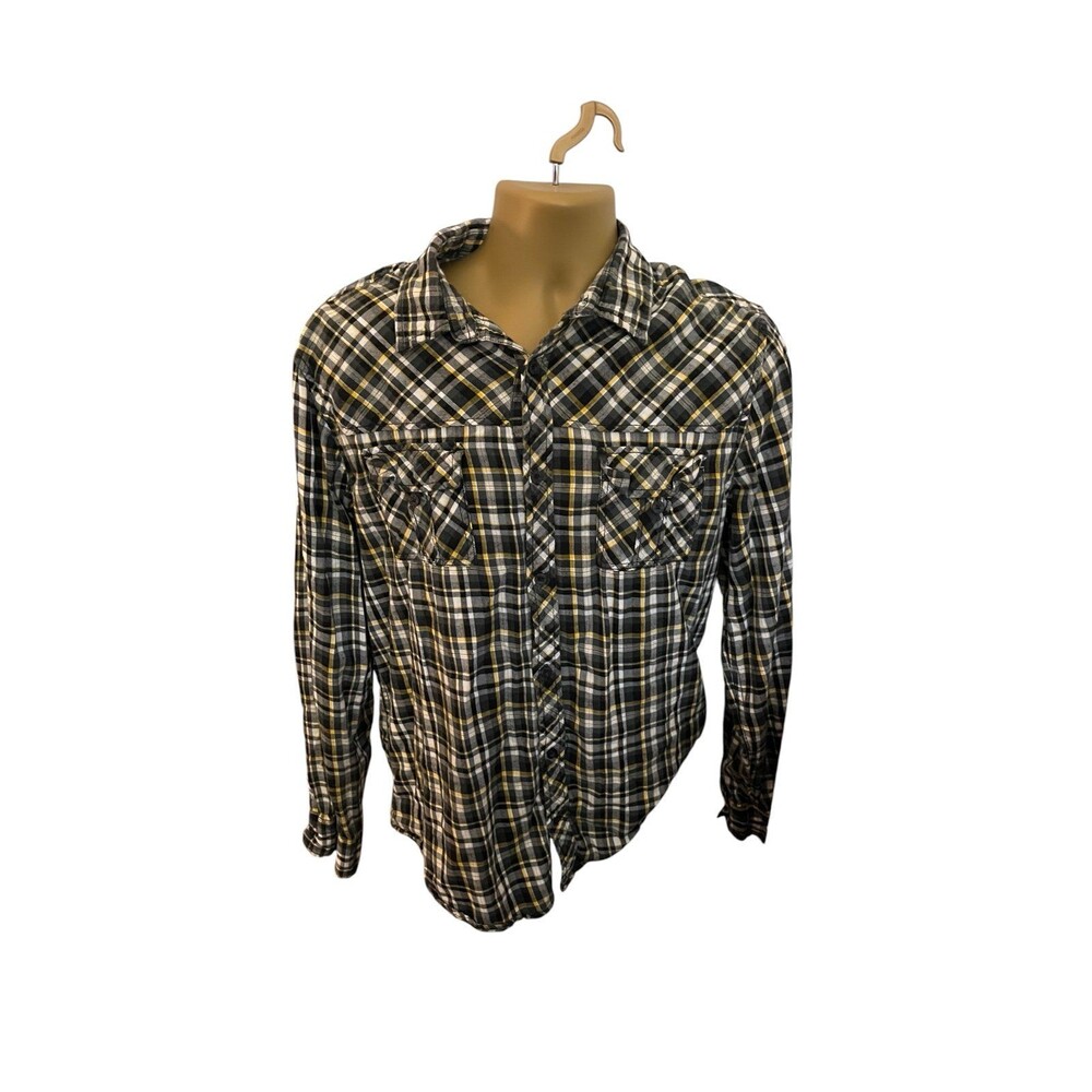 Y2K Helix Plaid Button Up Flannel Shirt Dual Pocket Black Yellow L